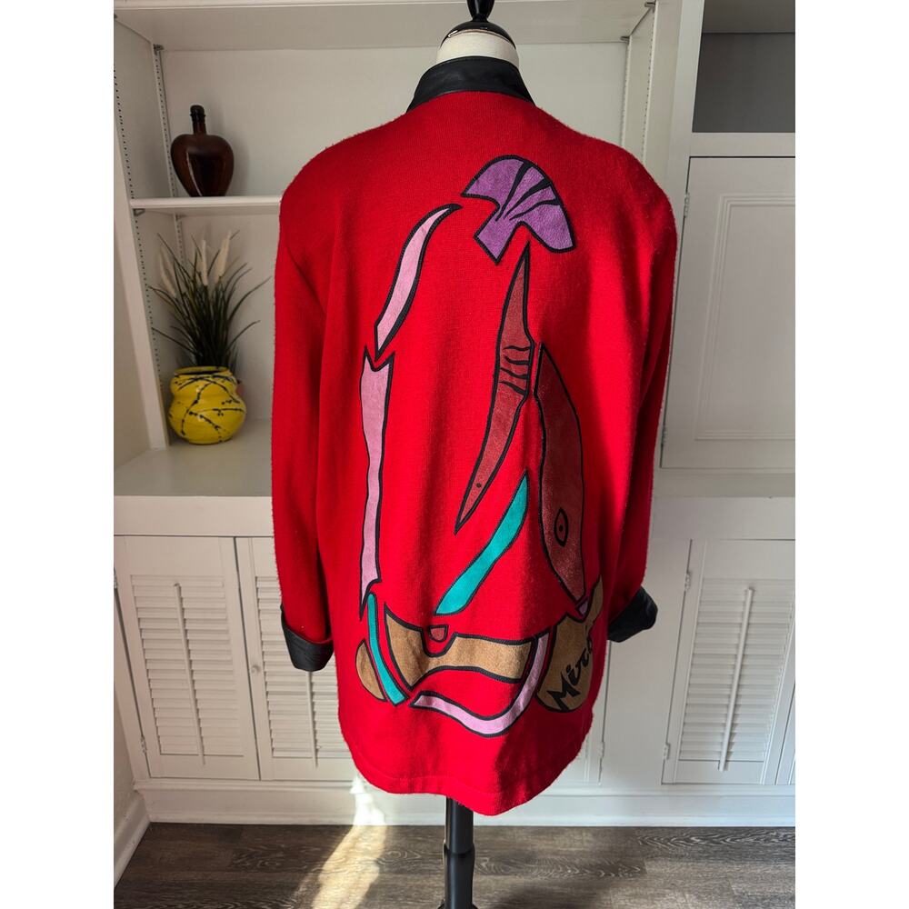 Vintage 80s 90s Red Wool Leather Trim Abstract Surrealist Joan Miro Jacket S/M